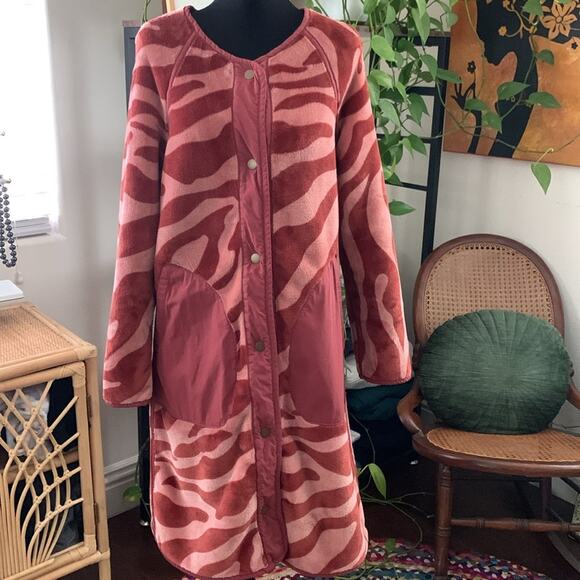 Anthropologie Margot Terra Cotta & Zebra Print Reversible Fleece Duster Coat - Picture 3 of 8